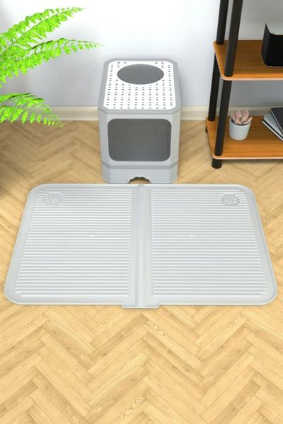 Silikon Kum Ve Mama Matı Havuzlu Yıkanabilir Kedi Tuvaleti Önü Kedi Kumu Paspası Büyük Boy 40x60